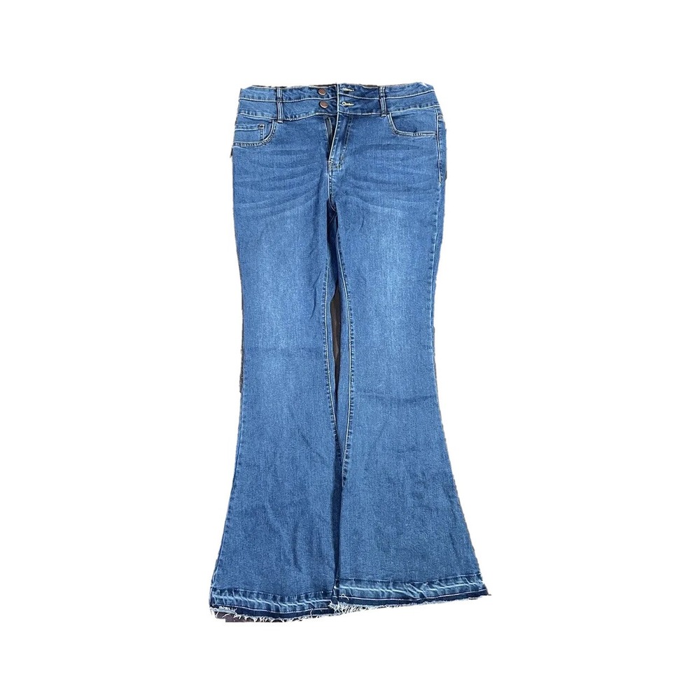 Fashion Nova|Size 11|Double Buckle&Belt Loops|Solid Denim Blue Bell Bottom Jeans